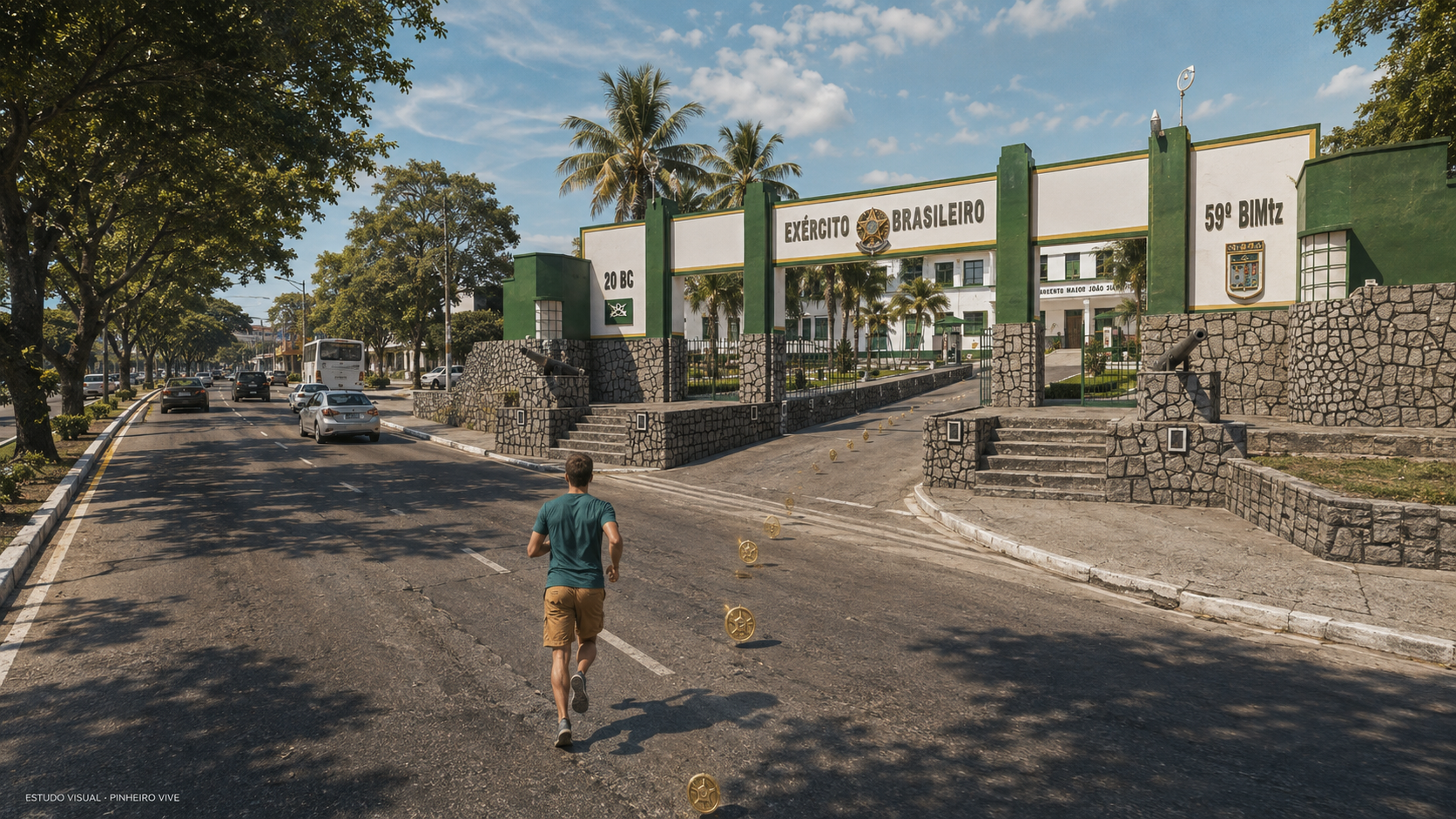 Arte conceitual do Pinheiro vive: corredor e moedas diante de uma interpretação do quartel na Fernandes Lima.