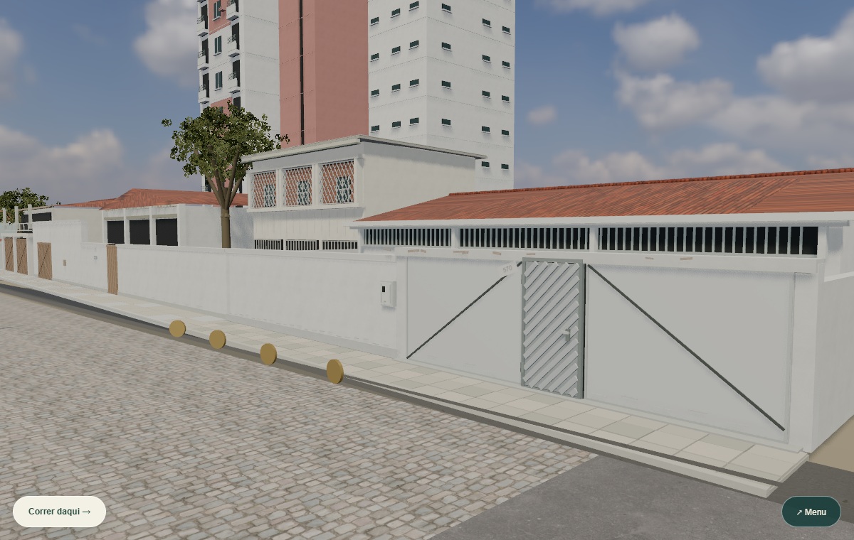 Captura real do jogo: A casa, as vizinhas e o prédio. Tela horizontal.