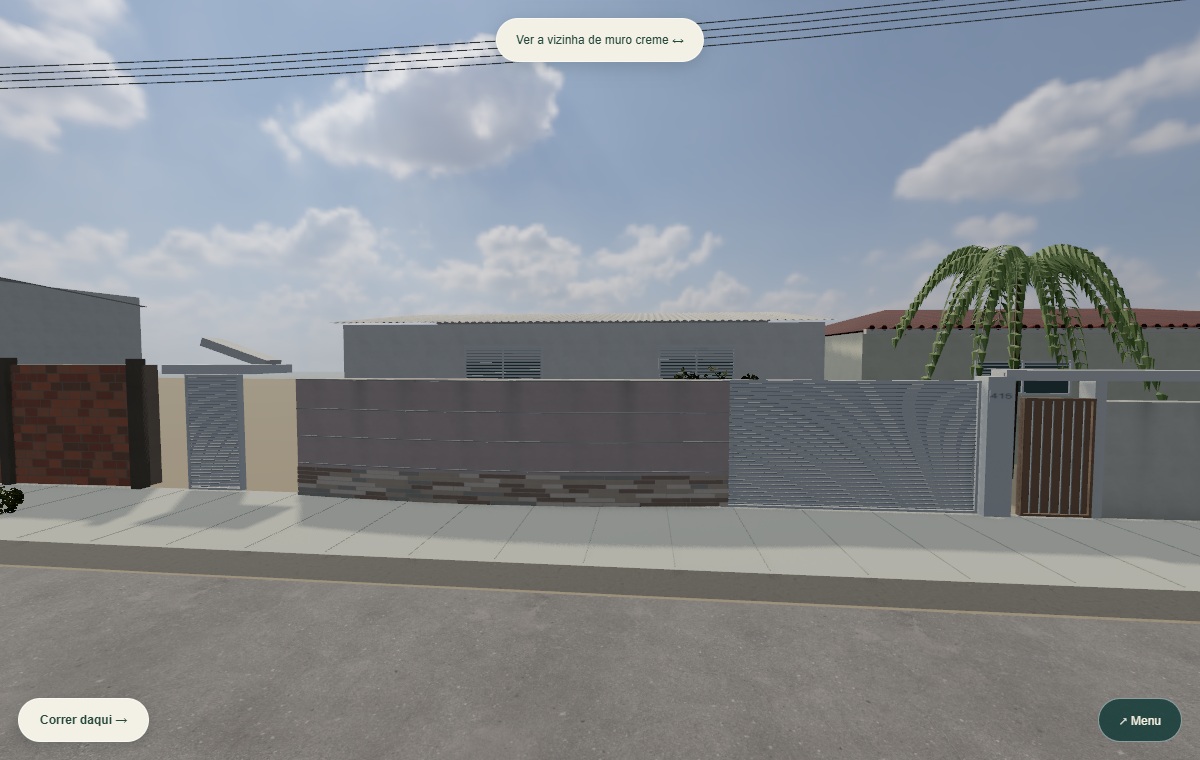 Captura real do jogo: A casa 415 e a vizinha de muro creme. Paisagem.