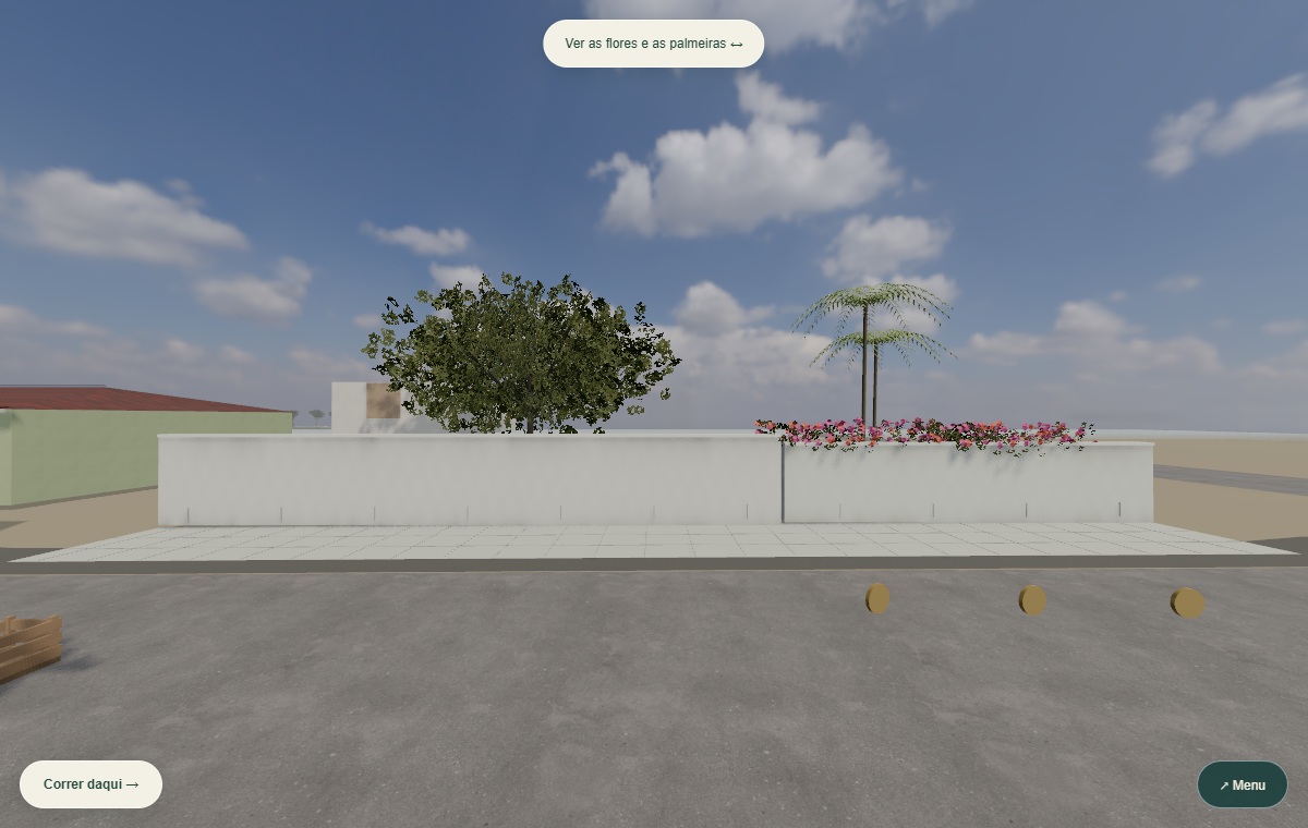 Captura real do jogo: A mangueira e as flores sobre o muro. Paisagem.