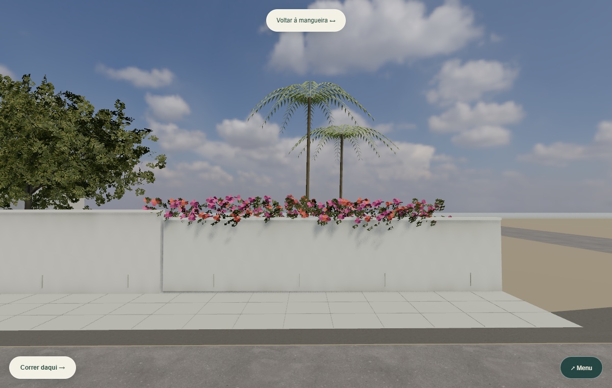 Captura real do jogo: As flores e as palmeiras sobre o muro. Paisagem.
